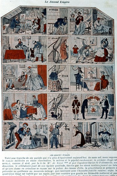 Fem etager viser de forskellige sociale klasser under det andet imperium. Illustration repræsenteret som et tværsnit af en parisisk bygning. af Unknown artist