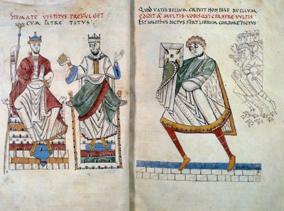 Flavius Josephe (oprindeligt Yossef ben Matityahu, græsktalende jødisk historiker (37-100) tilbyder sin bog til kejserne Titus og Vespasian. Miniature taget fra "" De Bello Judaico (Jødernes krig) "" (folio 2 og 3) af Unknown artist