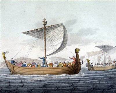 Flåde af Vilhelm I Erobreren (1027 - 1087) sejler til England - i "Det gamle og moderne kostume"" af Ferrario, red. Milano af Unknown artist