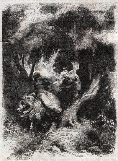 Flight of Angelica (Angelica) under slaget - indgravering af 1851 fra "" Furious Roland"" (Orlando furioso) (1500-tallet) af Ludovico Ariosto, kendt som Ariosta - Udgave oversat fra italiensk af greven af Tressan og udgivet af Gustave Harva af Unknown artist