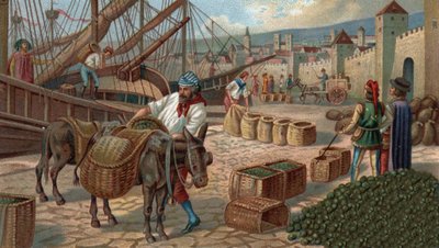 Tidligere indkøbscentre: transport af figner til Marseille i middelalderen. Kromolitografi i slutningen af det 19. århundrede af Unknown artist