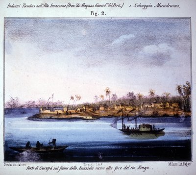 Gurupà-fæstningen ved Amazonas-floden, nær mundingen af Rio Xingu i Ecuador. Stik fra 1846 - 1848. af Unknown artist