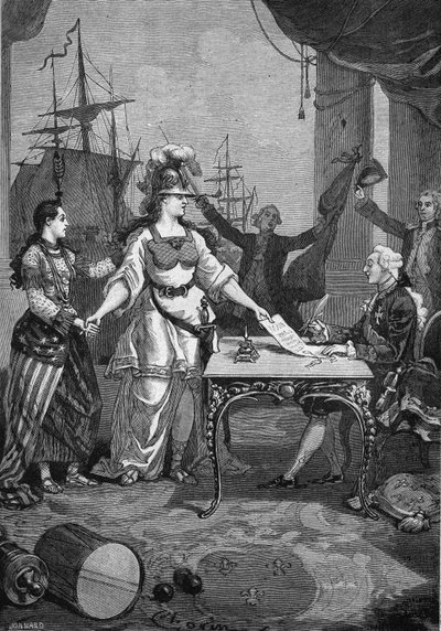 Frankrig allieret - Kongen (Louis XVI) skulle kun underskrive: den 6. februar 1778 blev venskabs- og handelstraktaten mellem Frankrig og oprørskolonien i Nordamerika underskrevet, som forpligtede Frankrig til at garantere Uafhængigheden af USA. af Unknown artist