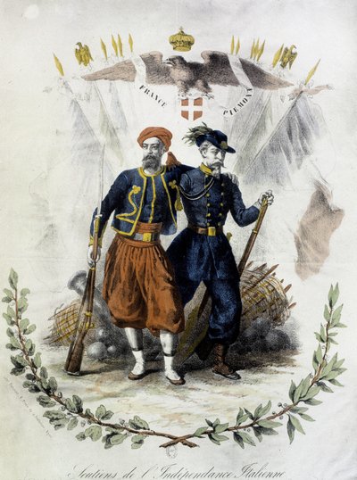 Frankrig og Piemonte, tilhængere af italiensk uafhængighed - coul. gravering af Unknown artist