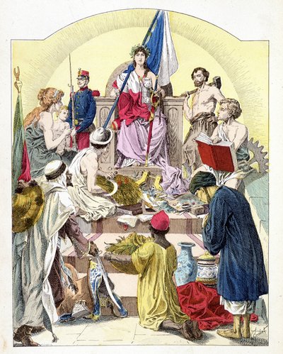 Frankrig, under Mariannes træk, omgivet af sine personificerede kolonier - i "Histoire de France"", af E. Grobet, ca. 1915 af Unknown artist