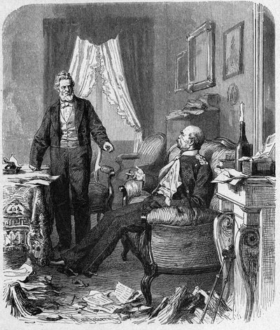 Fransk-preussisk krig (1870-1871) interview mellem grev Bismarck og M. Jules Favre, september 1870 - politisk interview mellem kansler Bismarck (1815-1898), Jules Favre (1809-1880) i Versailles i Madame Jesses hus - gravering fra 1800-tallet af Unknown artist