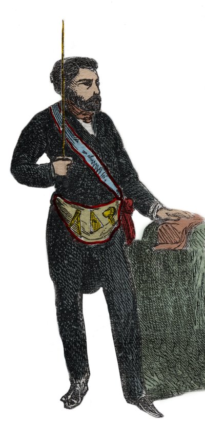 Frimureriet - Kostume af en frimurer for hans modtagelse i mastergraden - Franc Maconnerie: Outfit de franc macon (Forklæde) Indgravering fra 1879 i "Historien om hemmelige, politiske og religiøse selskaber" af Pierre Zaccone (1817-1895) af Unknown artist