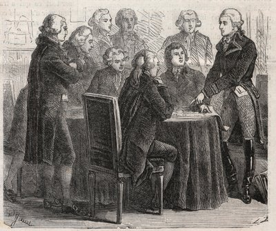 Fransk Revolution: Grev Louis Marie de Narbonne-Lara (Narbonne Lara) (1755-1813) viser sine planer i forsamlingens udvalg - Indgravering i "" Den Illustrerende Verden"" af Unknown artist