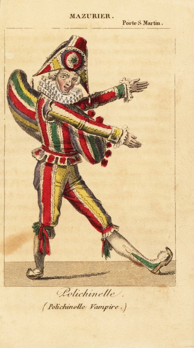 Den franske tegneseriedanser og mimekunstner Charles-Francois Mazurier som Polichinello i Polichinelle Vampire af Theodore de Banville i Theatre de la Porte Saint-Martin af Unknown artist