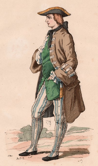 Fransk herre i jagtdragt, iført frakke, vest og trekløverhat med en dolk i siden i det XVIII århundrede (farvestik) af Unknown