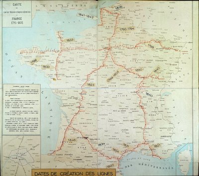 Fransk geografisk kort, der viser lufttelegrafiske linjer. Begyndelsen af det 19. århundrede. Paris, Musee de la Poste af Unknown artist