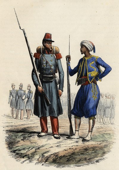 Fransk militæruniform: Til venstre dannedes en fremmedlegion og blev sendt til Algeriet i 1831. Til højre indfødte ryttere, trænet og sendt til Algeriet i 1841. I L