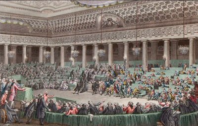 Fransk revolution - Nationalforsamlingen giver afkald på alle privilegier, 4. august 1789, indgraveret af Helman - Assemblee - Nationale Abandonment de tous - les privileges, a Versailles, Seance de la - Nuit du 4 au 5 april 1789 af Unknown artist