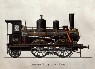 Fransk tog: Lokomotiv Numero 154 af 1855. Indgravering. Paris, dekorativ kunst af Unknown artist