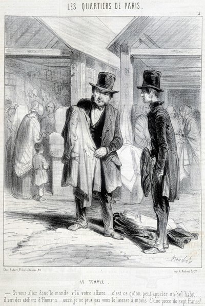 Fripier fra tempeldistriktet i Paris forsøger at sælge tøj til en mand. Indgravering af det 19. århundrede. af Unknown artist