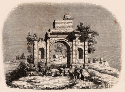 Frontalfoto af den romerske bue i Djemilah i Algeriet: to franske soldater poserer foran ruinerne af Unknown