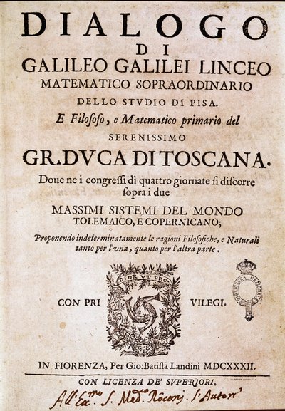 Frontispice af "" Dialog om de to store systemer i verden"" (dialogo sopra i due massimi sistemi del mondo) bestilt af pave Urban VIII til astronomen og fysikeren Galileo Galilei dit Galilee (1564-1642) omkring 1620 og udgivet i 1632 . Det af Unknown artist