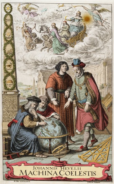 Frontispice af “Machina coelestis” af Johannes Hevelius (Jan Heweliusz) (1611-1687) 1673 - Johannes Hevelius (1611-87) polsk astronom; billedet viser de fire store astronomer, Hipparchus (ca. 190-120 f.Kr.) (Hipparchus), Ptolemæus (83-161 AD) (Claude Ptole af Unknown artist