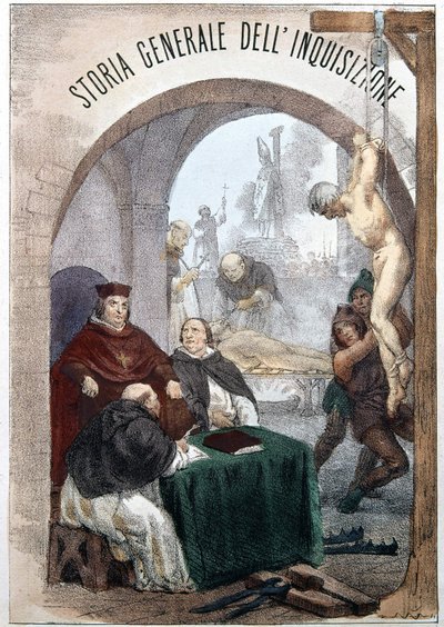 Frontispice of the General History of the Inquisition af Pietro Tamburini med en illustration, der viser scener med symbolsk inkvisition. Milano 1850. af Unknown artist
