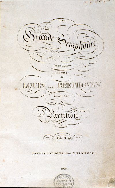 Frontispice af den første tyske udgave af partituret til Symfoni n. 1 i C-dur af den tyske komponist Ludwig van Beethoven (1770-1827) (1799-1800). Bonn af Unknown artist