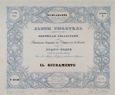 Frontispice af operaen Il Giuramento, af Mercadante (1837) af Unknown artist