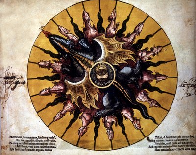 Frontispice repræsenterer en sol - i "Astronomicum Caesarium", afhandling om astronomi om teorien om Ptolemeus, af P. Apiano. af Unknown artist