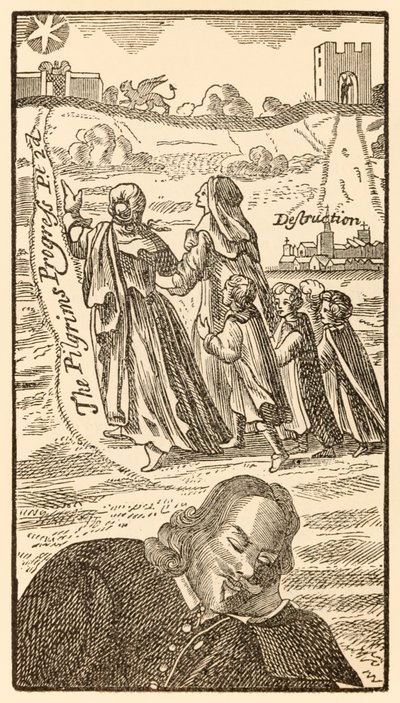 Frontispice fra anden del af The Pilgrims Progress From This World, To That What Is To Come af John Bunyan (1628-1688), der viser forfatteren drømme om Christians familie, hans kone Christiana og af Unknown