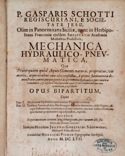 Frontispice af Mechanica Hydraulico Pneumatica af Gaspar Schott af Unknown artist