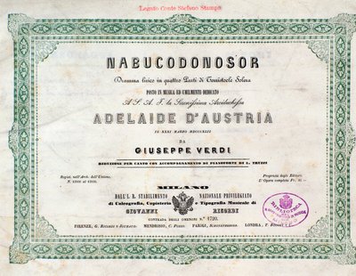 Frontispice af musikalsk partitur af Nabucco-operaen af Giuseppe Verdi af Unknown artist