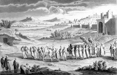 Begravelse efter hebraisk ritual. 1800-tals gravering. af Unknown artist