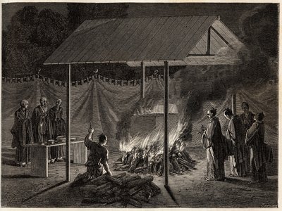 Begravelsesceremonier: rituel forbrænding. Gravering til illustration af rejsen til Japan i 1863-1864 af Aime Humbert, minister for Det Schweiziske Forbund, i "Le tour du monde, nouveau journal des voyages", udgivet under ledelse af Edouard Charton af Unknown artist