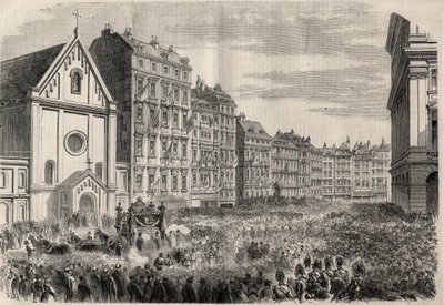 Begravelse af kejser Maximilian I af Mexico (1832-1867): Ankomst af begravelseskortegget foran Kapucinerkirken i Wien. Gravering i "" L