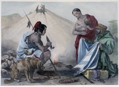 Pelsbytte for stof mellem canadiske Huron-indianere og hvid mand - i "" Shyth