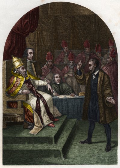 Galileo (eller Galileo Galilei (1564-1642) før pave Urban VIII i 1633. (Urbano 8 Maffeo Barberini) Indgravering fra 1842 i "Pavernes historie"" af Maurice Lachatre. Privat samling. af Unknown artist