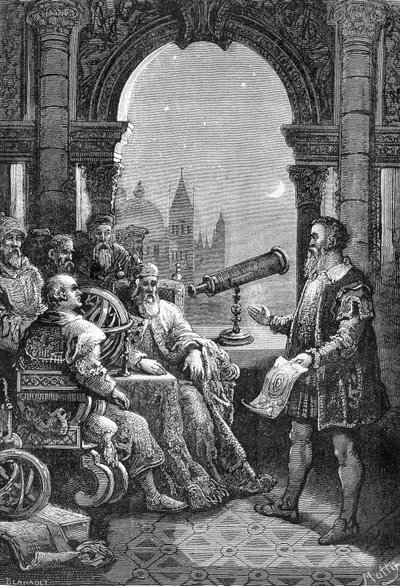 Galileo Galilei (Galileo) præsenterer den første astronomiske bezel ved Doge of Venedig. af Unknown artist
