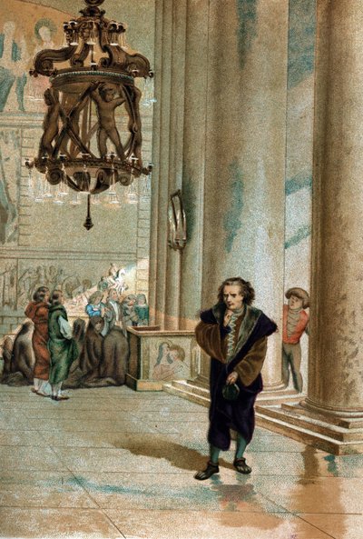 Galileo Galilei dit Galileo (1564 - 1642). Iagttager oscillationen af ​​lampen i katedralen i Pisa. fra "The Science and its Men af ​​Louis Figuier"" Barcelona 1881 af Unknown artist