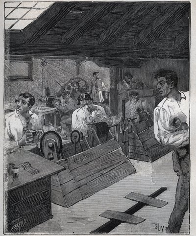 Galvanisk forgyldning: skraber-boessage af guldsmykker med en skraber-boesse. Indgravering fra 1885 i "" Les arts et metiers illustres"" af Adolphe BITARD. af Unknown artist
