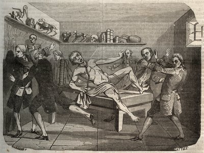 Galvanisering af liget af en bøddel med bunken af Alessandro (Alexandre) Volta: under påvirkning af elektricitet ser liget ud til at komme tilbage til livet. Indgravering fra 1856 i "" Le Musee Des Sciences"" af Unknown artist