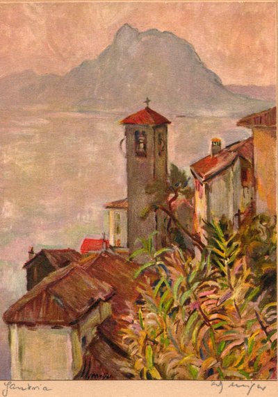 Gandria, Schweiz, med Mont San Salvatore og Luganosøen, postkort af Fritz Meijer, ca. 1940 (farvelitografi) af Unknown artist