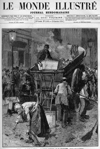 Skraldeboks, den nye lastbil rue du Cherche Midi (Cherche-Midi) i Paris. Mænd og kvinder, der samler affald op på en gade i Paris for at lægge det i en vogn og dermed rydde op i livet. Gravering i "" Le Monde Illustré"" af Unknown artist