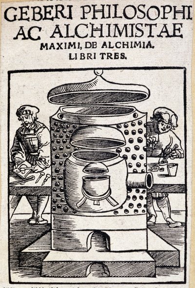 Geberi-filosof og alkymists titelblad på en alkymiaftale. Geber (v721-v815), arabisk alkymist af Unknown artist