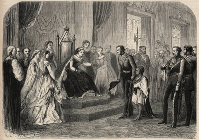 General Robert Cornelis (Cornelius) Napier (1810-1890) introducerede Leul Alemayehou Tewodros (1861-1879), søn af den etiopiske negus Theodoros II (Tewodros), for dronning Victoria Iere (1819-1901). Indgravering i "The Illustrious Universe" af Unknown artist