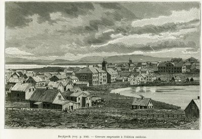Generel udsigt over Reykjavik. Gravering til illustration af historien Professor Nils Adolf Erik (Eric) Baron Nordenskjold (Nordenskiold) (1832-1901) (1832-1901) ekspedition i Grønland, af Charles Rabot, i tour du monde 1886, under ledelse af Edouard Char af Unknown artist