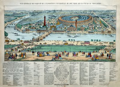 Oversigt over verdensudstillingen i Paris i 1867. Nederst: parken til militærskolen Champ de Mars. Gravering Paris, Musee Carnavalet af Unknown artist