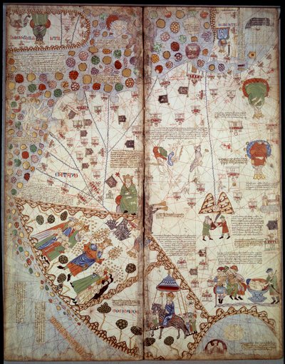 Geografisk kort: Kina, Ganges Valley, Sumatra, Ceylan. Catalansk Atlas (Catalansk kort) (Spanien). Manuskript af 1375 (Folio 2v - folio 3) af Abraham Cresques. BN, Paris af Unknown artist