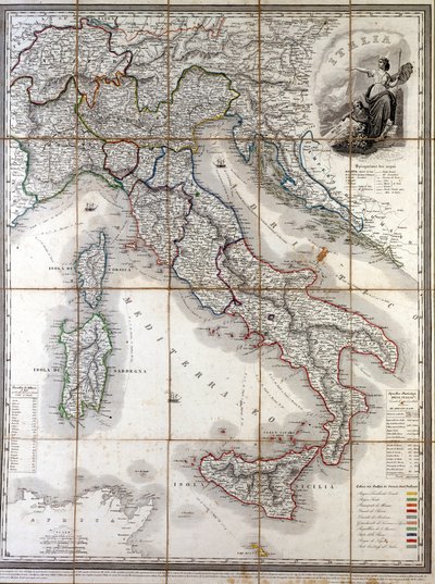 Geografisk kort over Italien i 1850 med afgrænsning af grænserne for de forskellige stater, der udgjorde landet før Risorgimento. af Unknown artist