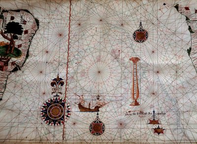 Geografi: detalje af et navigationskort over Luis Lazare (1500-tallet), der repræsenterer øerne i Tristan da Cunha-øgruppen (eller Tristan d