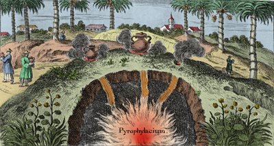 Geologi: skære jordens bark for at forklare ildens udgang fra jorden. Gravering fra "Mundi Mirabilis Oeconomia"" af Johann Zahn (1631-1707) af Unknown artist