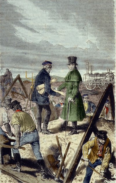 Georges Stephenson (1781-1848), engelsk ingeniør, bygmester af Liverpool Manchester Road med sit første lokomotiv. af Unknown artist