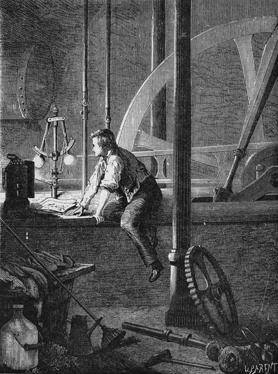 Georges Stephenson, en chaufførarbejder i Newcastle, skiller ad og reparerer sin dampmaskine. I” Album de la Science”, Éditions Jouvet af Unknown artist